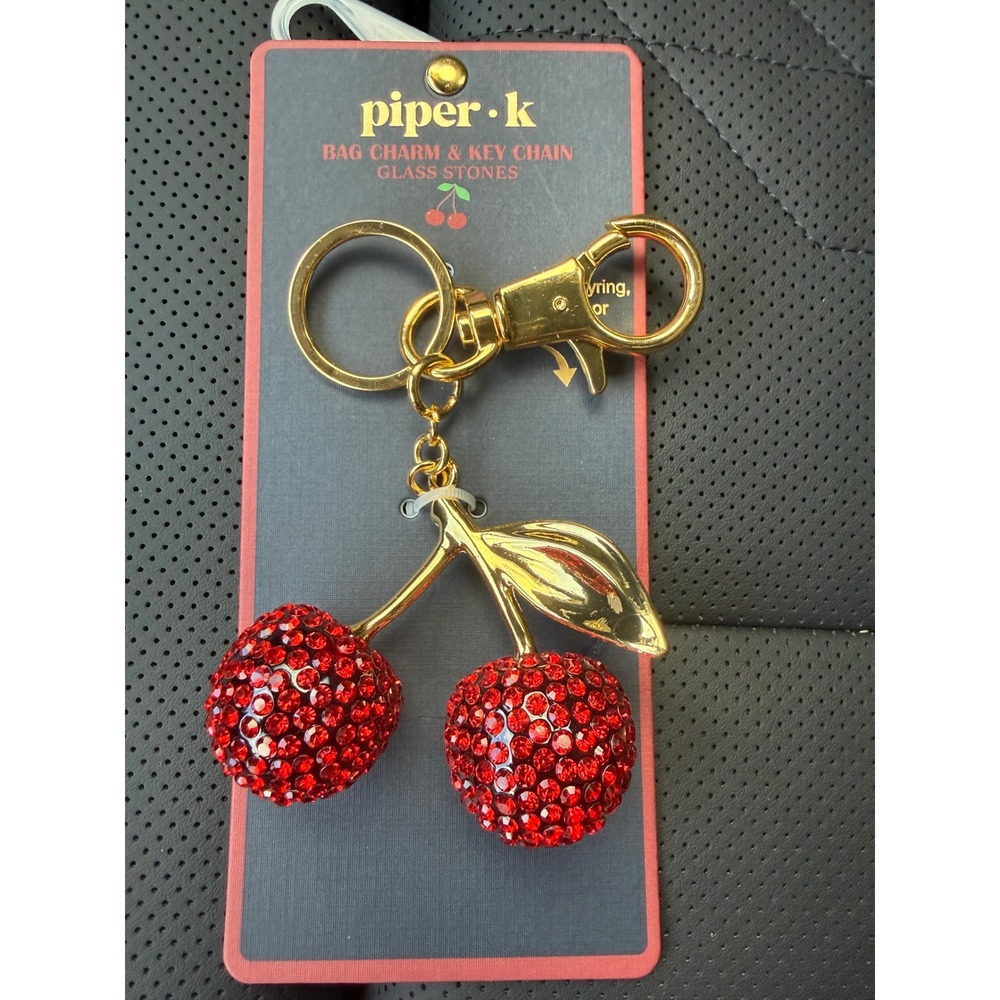 Piper K Red Crystal Cherry Bag Charm Keychain Gold Tone Glass Stone Fruit NWT